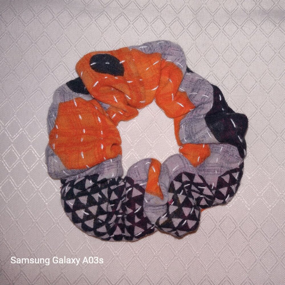 Kantha Hair Scrunchie Orange Black Gray Cotton Handmade New Boho KS8.